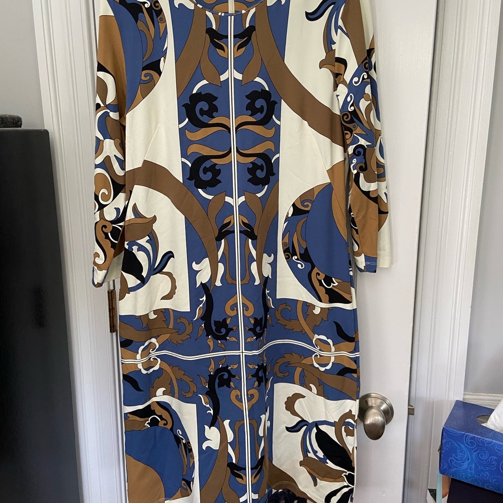 J. McLaughlin Blue, Brown & Cream Printed Long Dress size medium